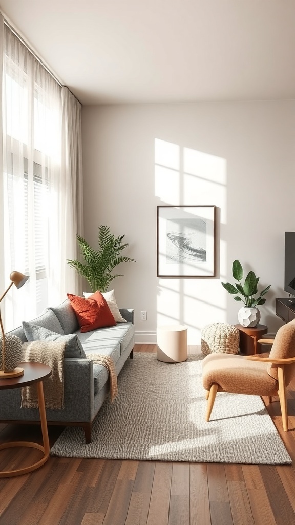 A small living room with a sofa against the wall, featuring natural light and decorative elements.