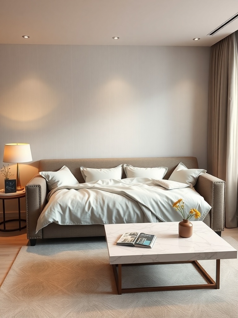 A stylish sofa bed in a small living room with a coffee table and soft lighting.
