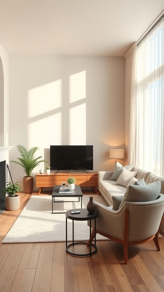A small living room with a soft color palette featuring light beige walls, a comfortable sofa, and natural light streaming in.