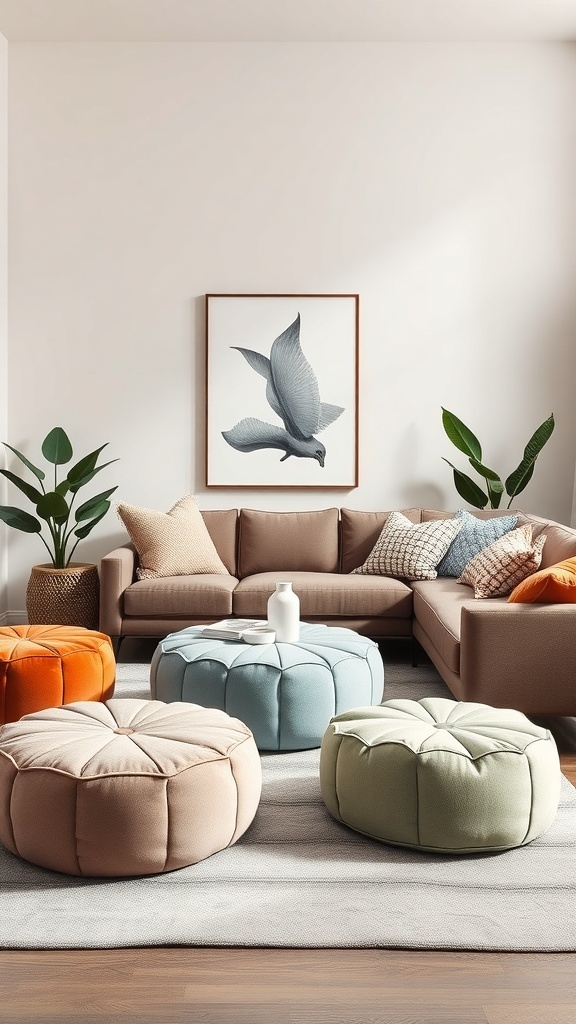 Colorful poufs and ottomans in a stylish small living room setting.