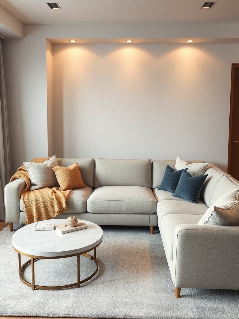 A cozy sectional sofa in a small living room with textured cushions and a round coffee table.