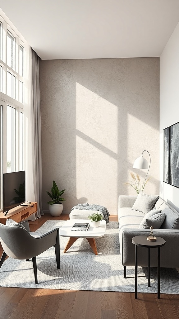 A small living room featuring textured wall treatments, a grey sofa, and modern decor.