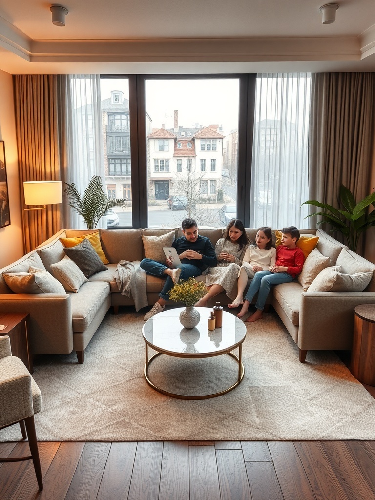 A family gathered on a U-shaped sectional sofa in a cozy living room, enjoying time together.