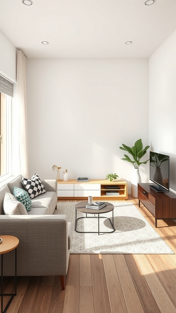 A cozy small living room with a sofa, coffee table, and plants, showcasing under-furniture storage.