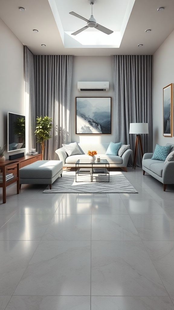 A small living room with unified flooring, featuring a light color scheme and modern furniture.