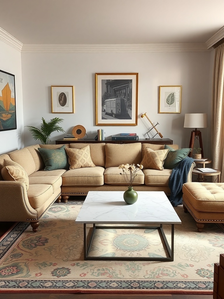 Cozy vintage-inspired sectional in a small living room with a marble coffee table and decorative pillows.