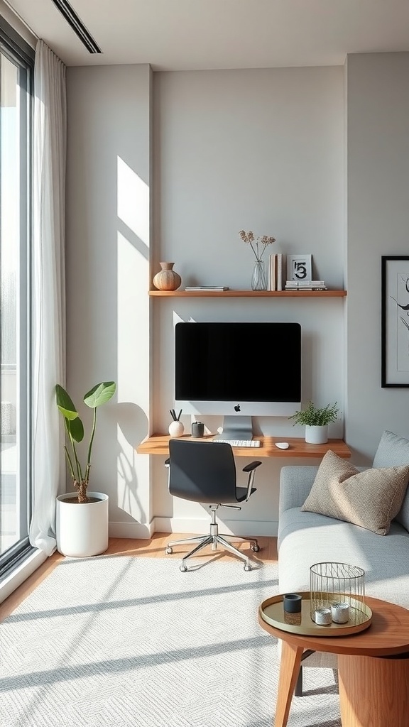 A modern wall-mounted desk setup in a small living room with a computer and decorative items.