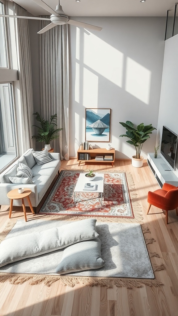A cozy small living room with rugs defining different zones.