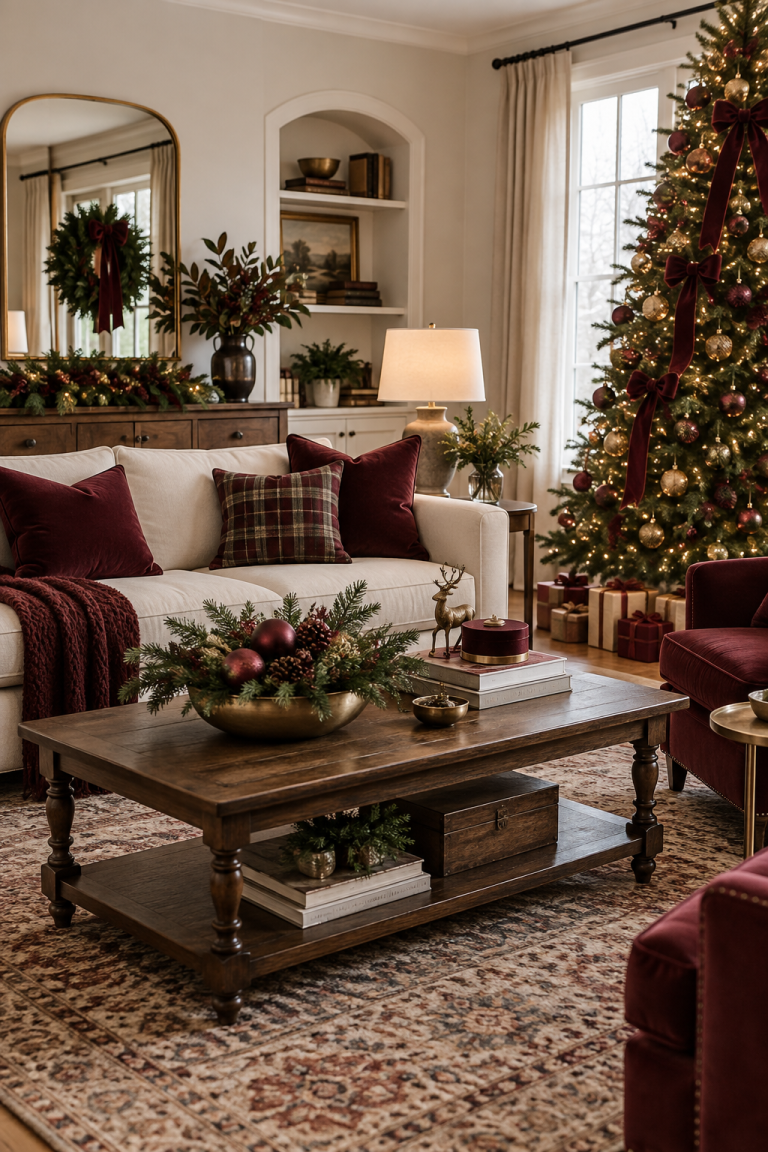 Burgundy Christmas living room with layered wine-red accents, warm neutrals and greenery