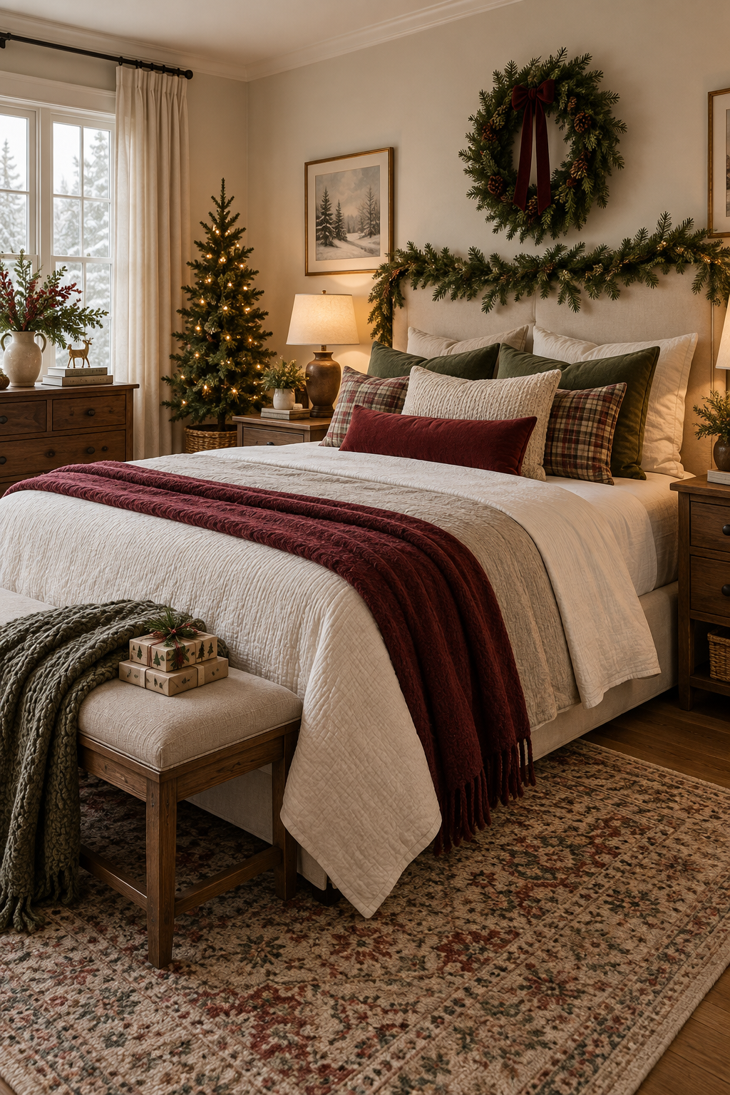 Cozy Christmas bedroom with warm layered bedding, greenery and gentle holiday lighting