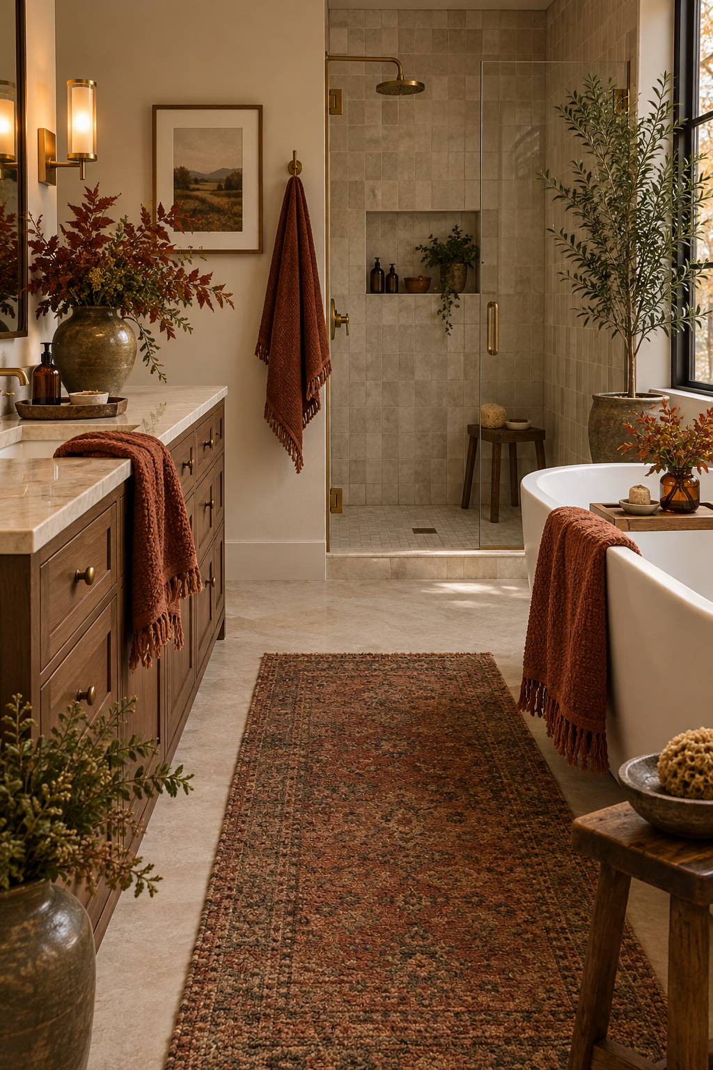 Cozy fall bathroom with warm spa-like layers