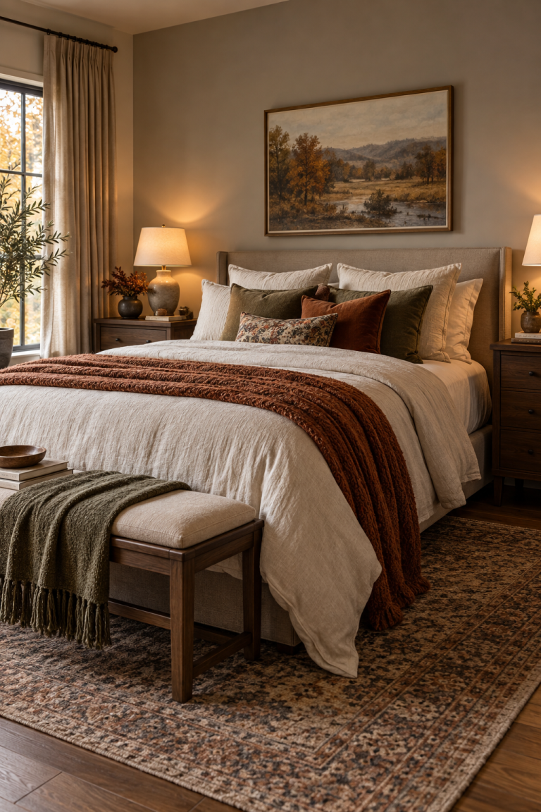 Cozy fall bedroom with layered warm bedding
