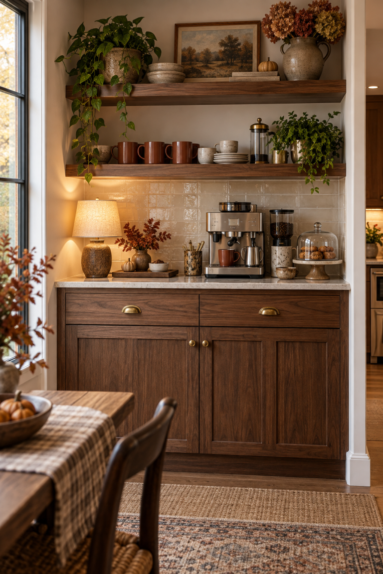 Cozy fall coffee bar in a warm kitchen nook
