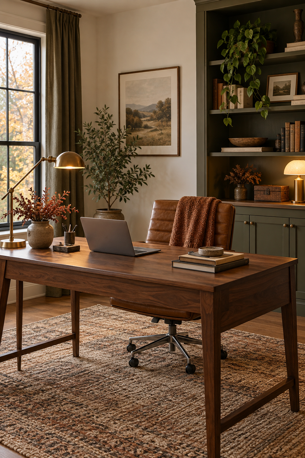 Cozy fall home office with warm productive styling