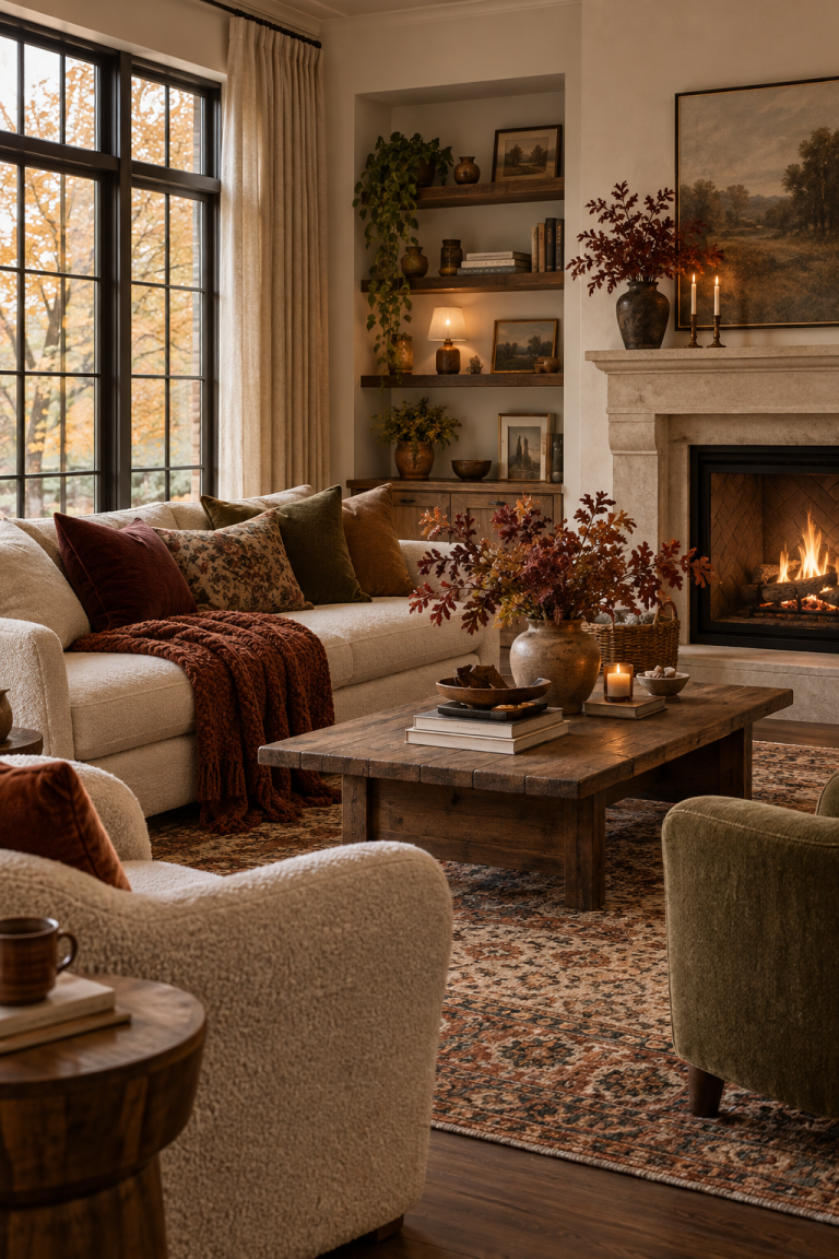 Cozy fall living room with layered autumn textiles