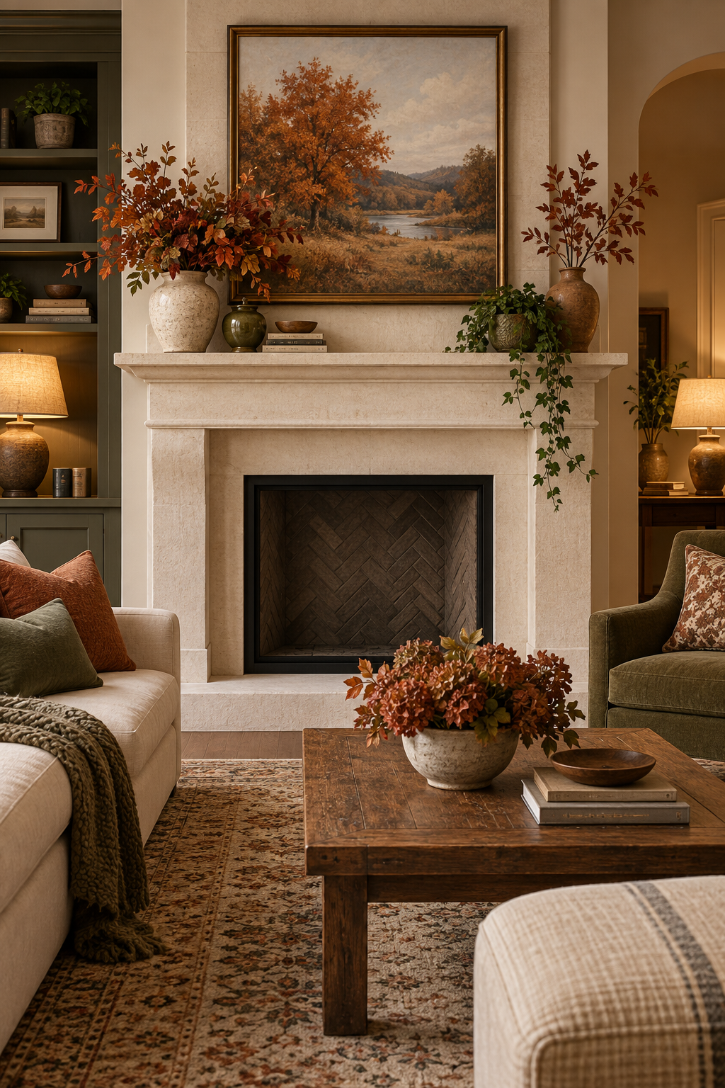 Cozy fall mantel decor in an inviting living room