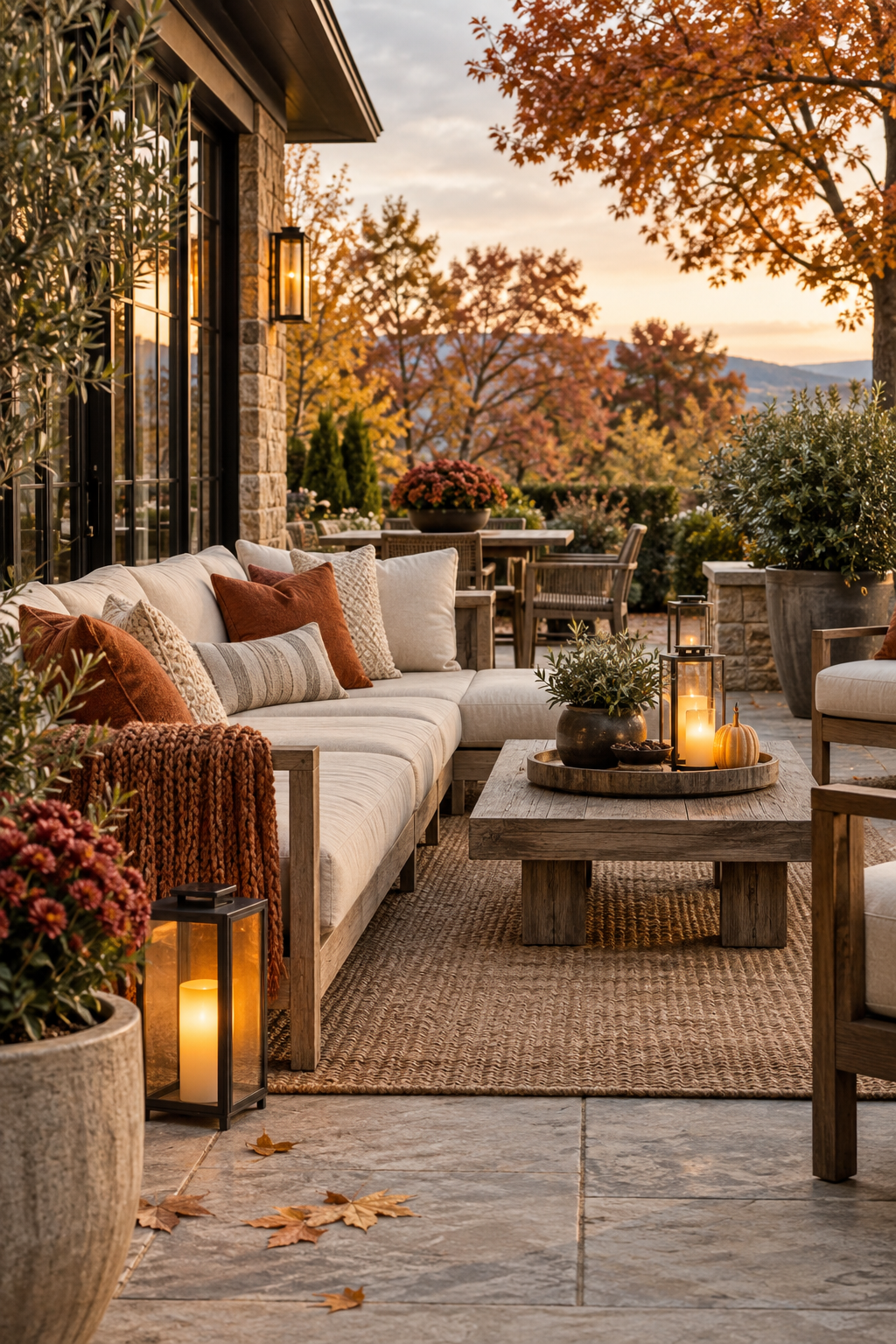 Cozy fall patio with warm outdoor living style
