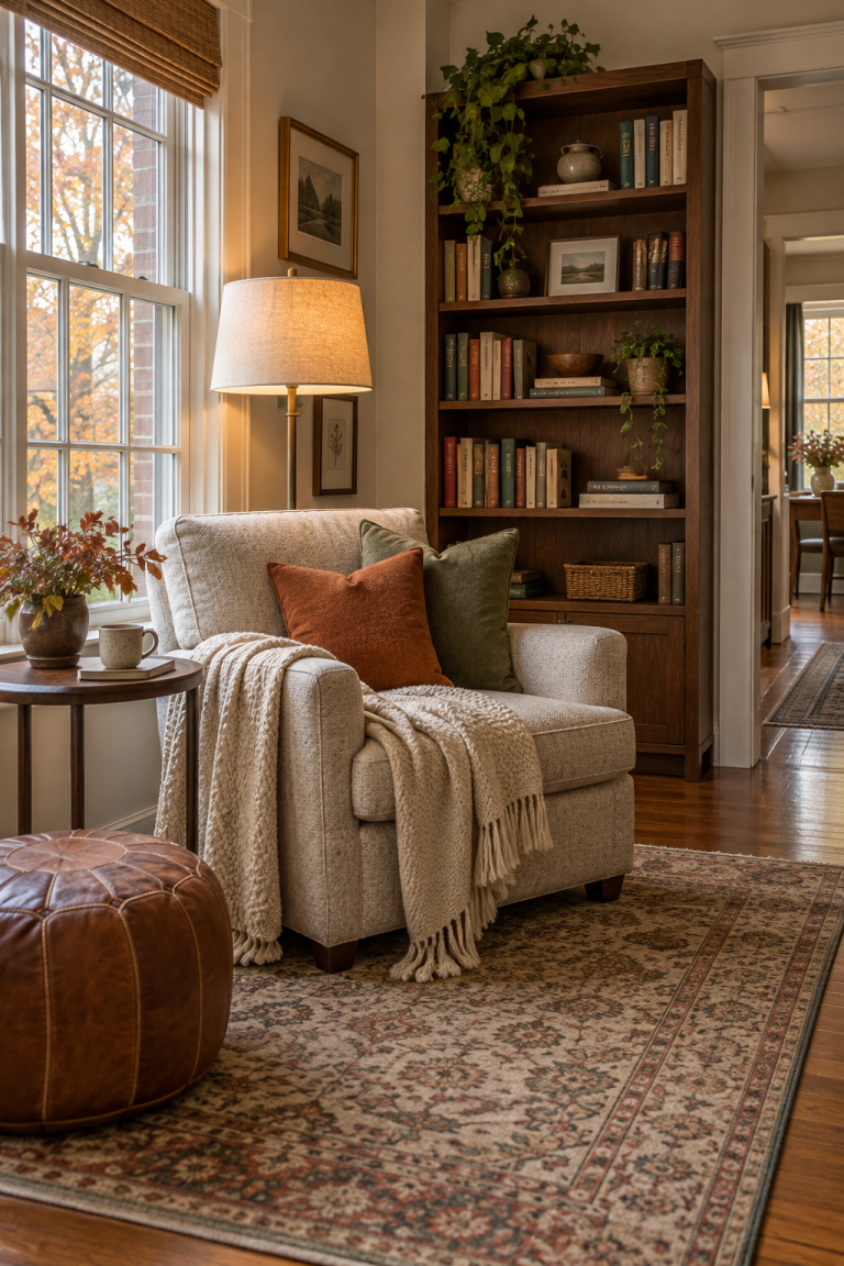 Cozy fall reading nook with a comfortable chair, books and warm lighting
