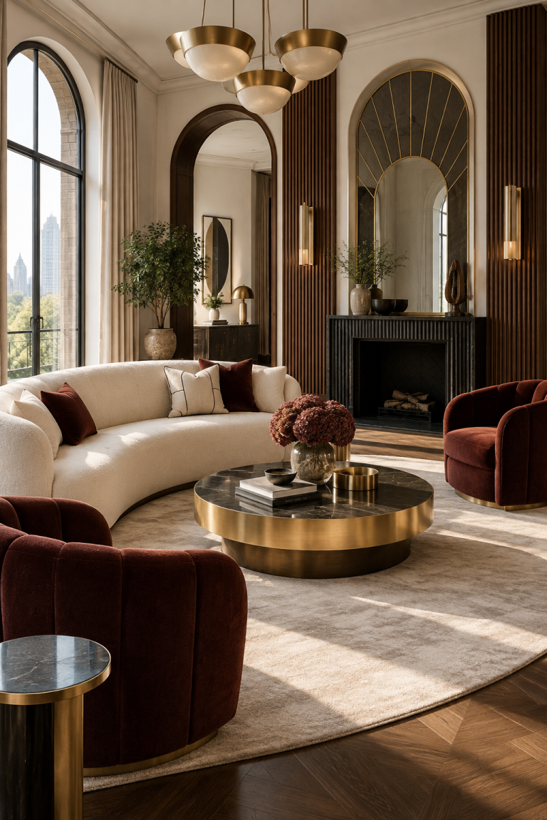 Neo Deco living room with a curved cream sofa, oxblood chairs, dark wood and brass accents