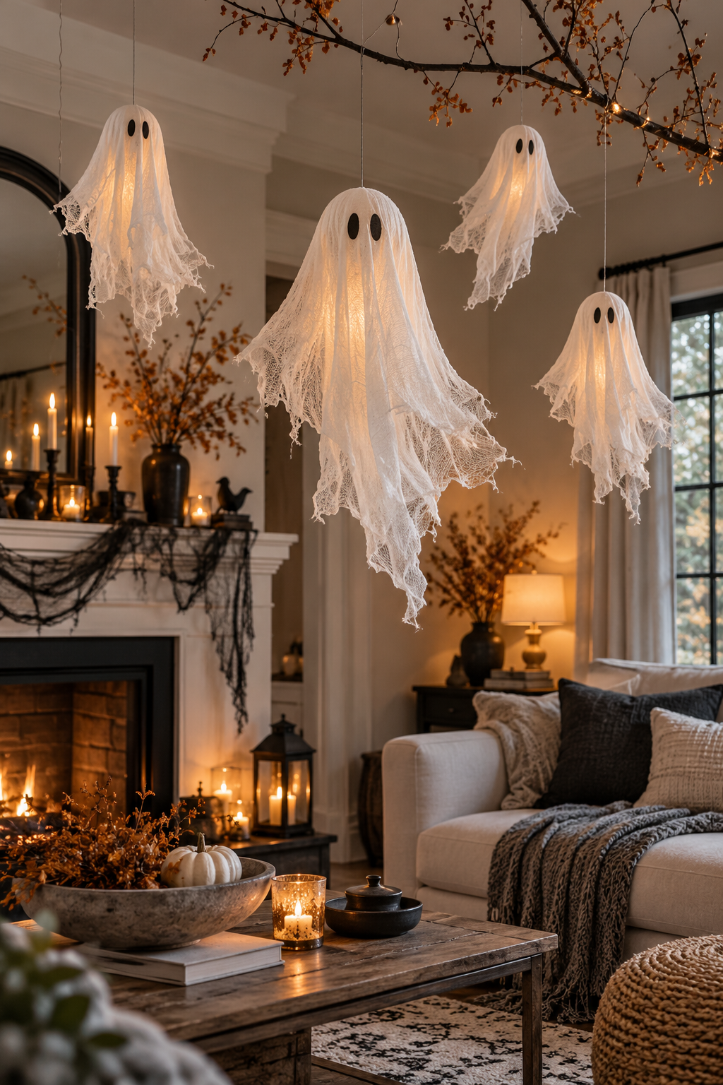 Make Floating Cheesecloth Ghosts styled as DIY ghost decor ideas