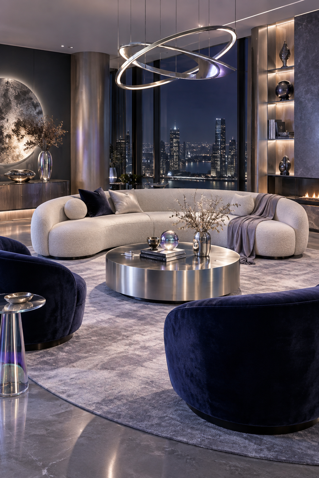 Sophisticated Extra Celestial living room with a pearl sofa, midnight blue chairs and orbital pendant