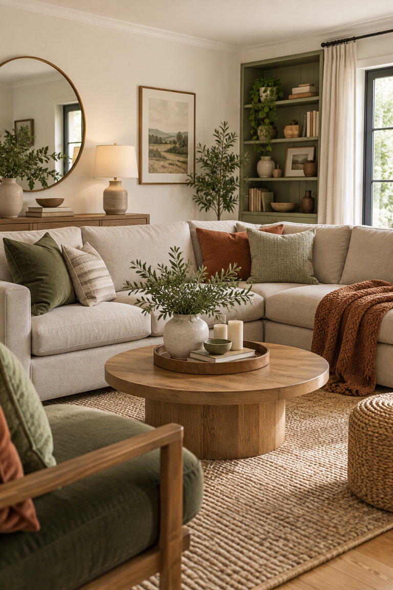 A cohesive first-home living room with warm neutral foundations