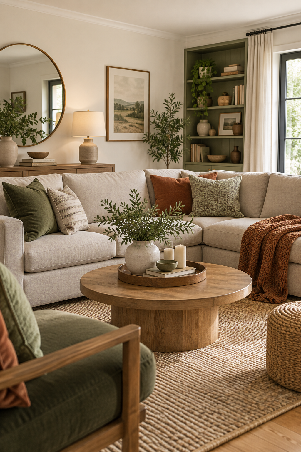 A cohesive first-home living room with warm neutral foundations