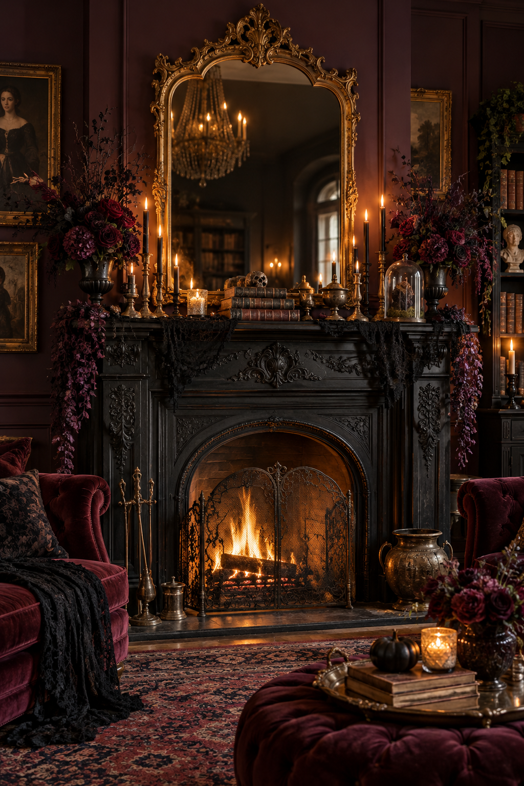 Anchor the Mantel with an Ornate Mirror styled as gothic Victorian Halloween mantel ideas