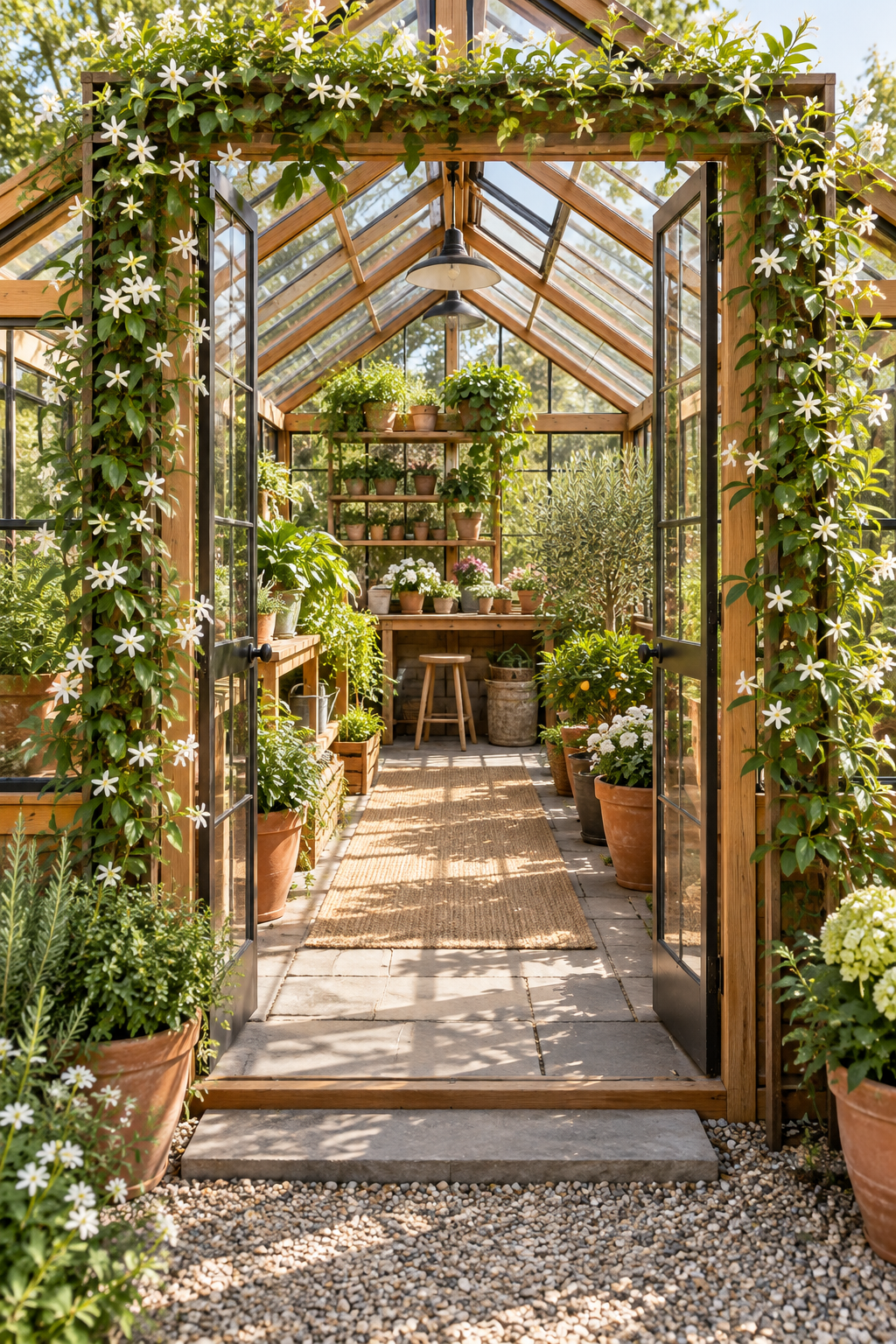 Frame the Entrance with Climbing Greenery inside a beautiful garden greenhouse