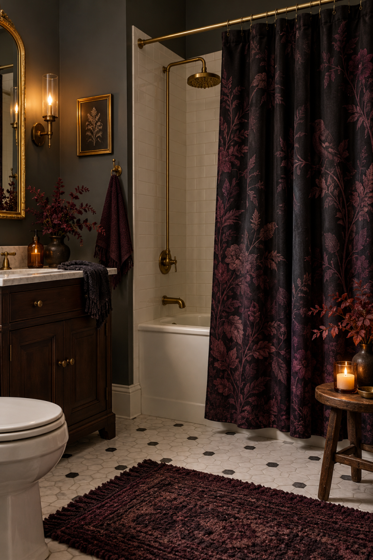 Swap in a Moody Shower Curtain styled as Halloween bathroom decor ideas