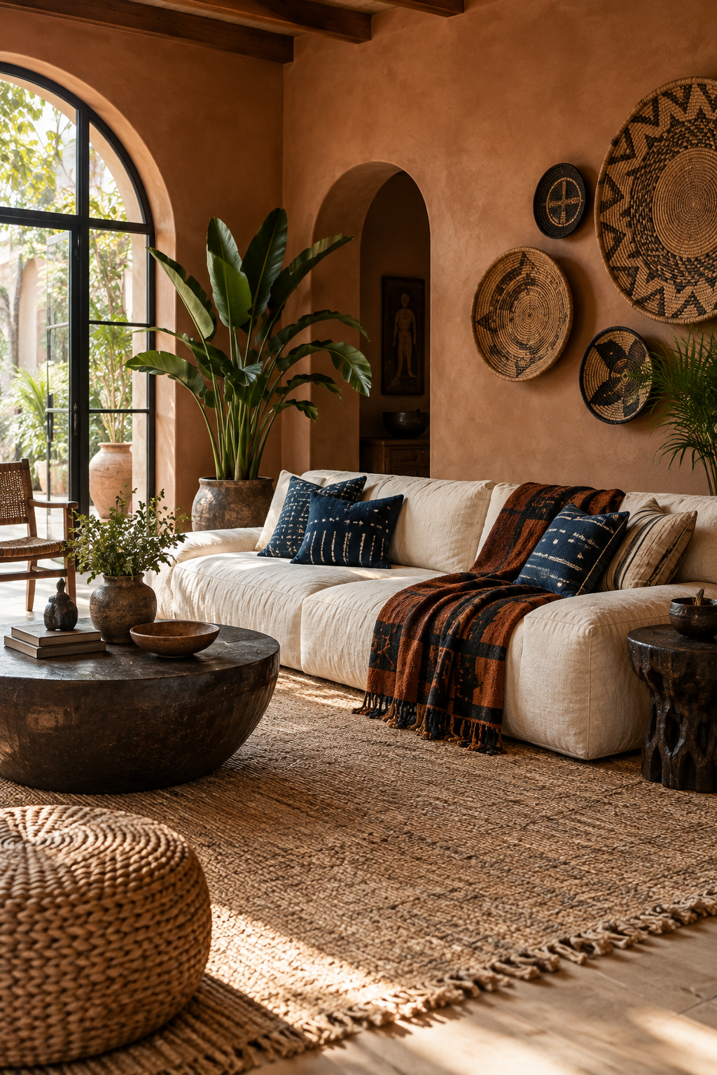 Afrobohemian living room with indigo pillows, terracotta walls, woven baskets and natural fiber rug