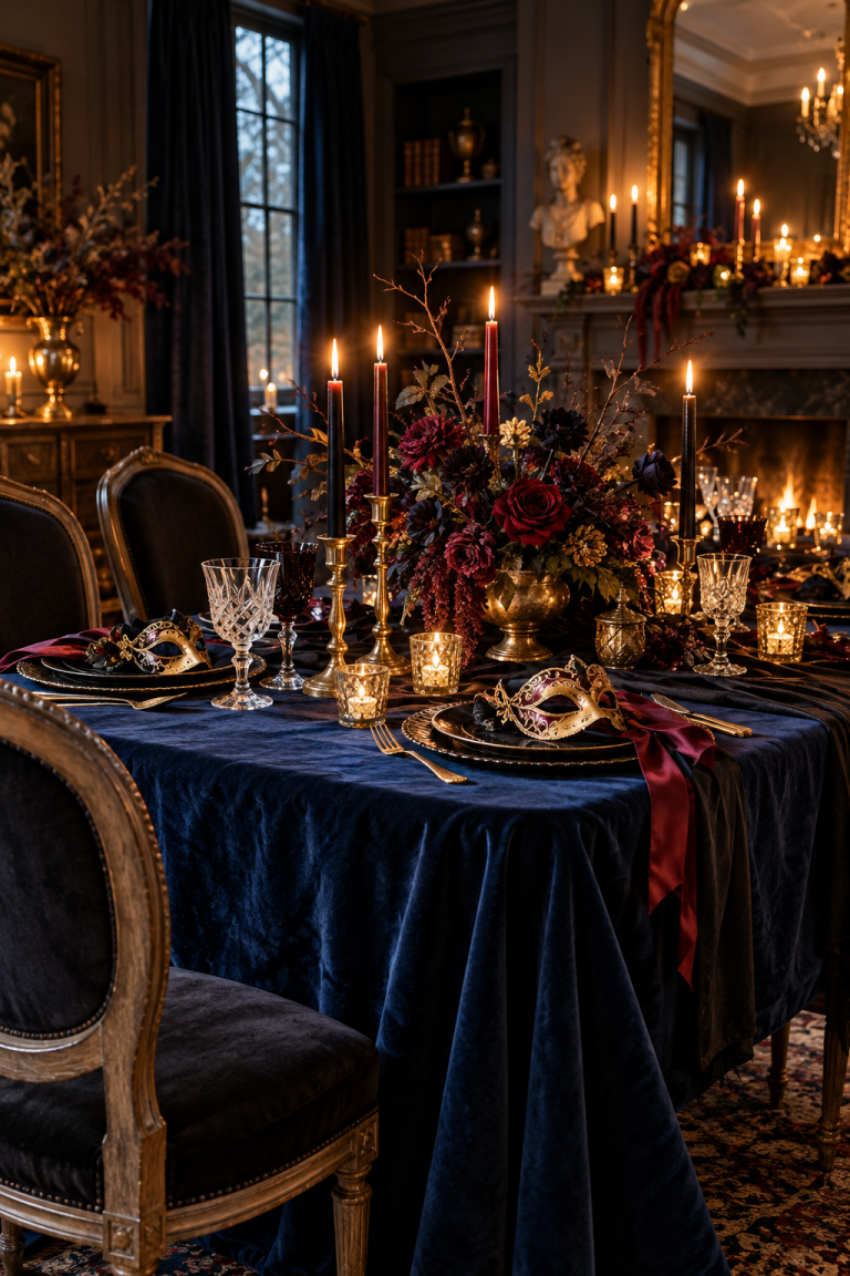 Choose a Midnight Blue Tablecloth styled as Halloween masquerade tablescape ideas