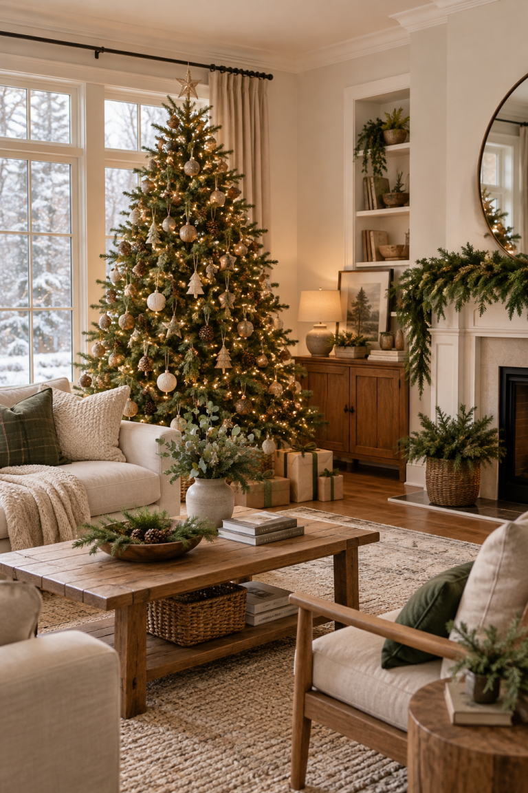 A naturally decorated Christmas living room with evergreen tree, wood furniture and warm neutral textiles