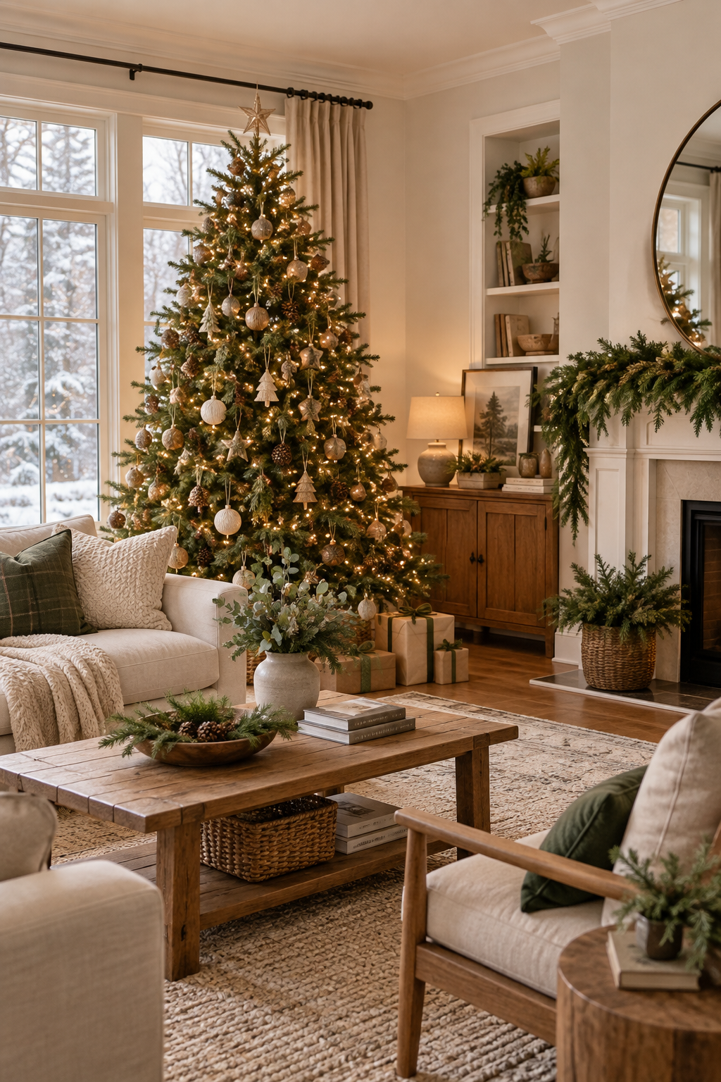 A naturally decorated Christmas living room with evergreen tree, wood furniture and warm neutral textiles