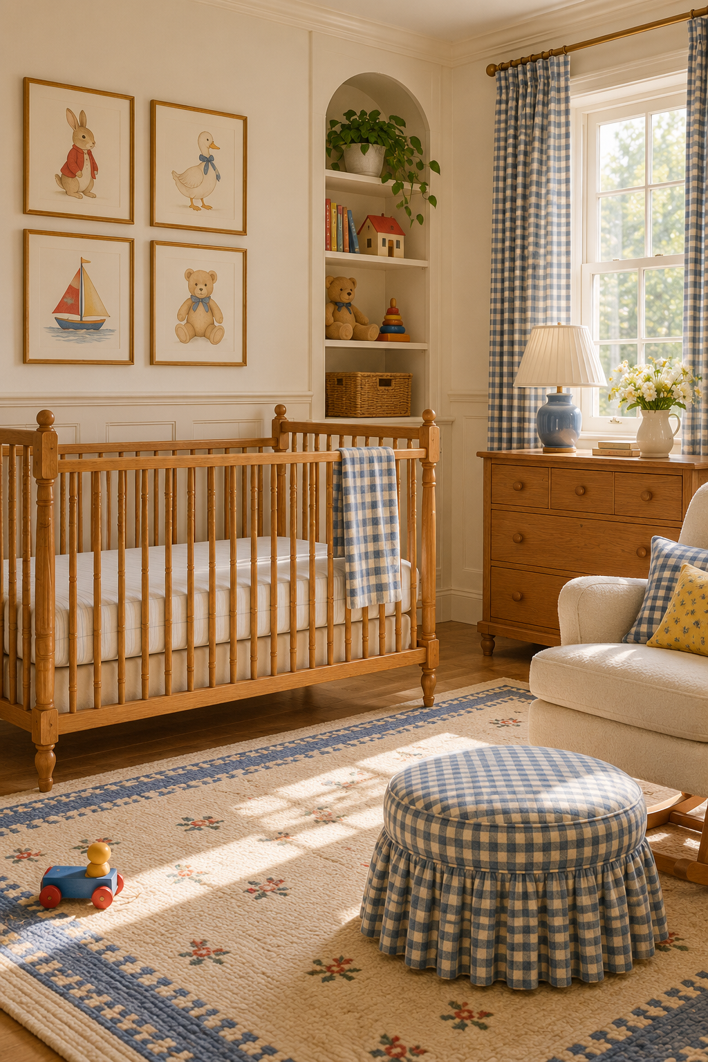 Start with a Soft Primary Color Palette in a nostalgic 90s-inspired nursery