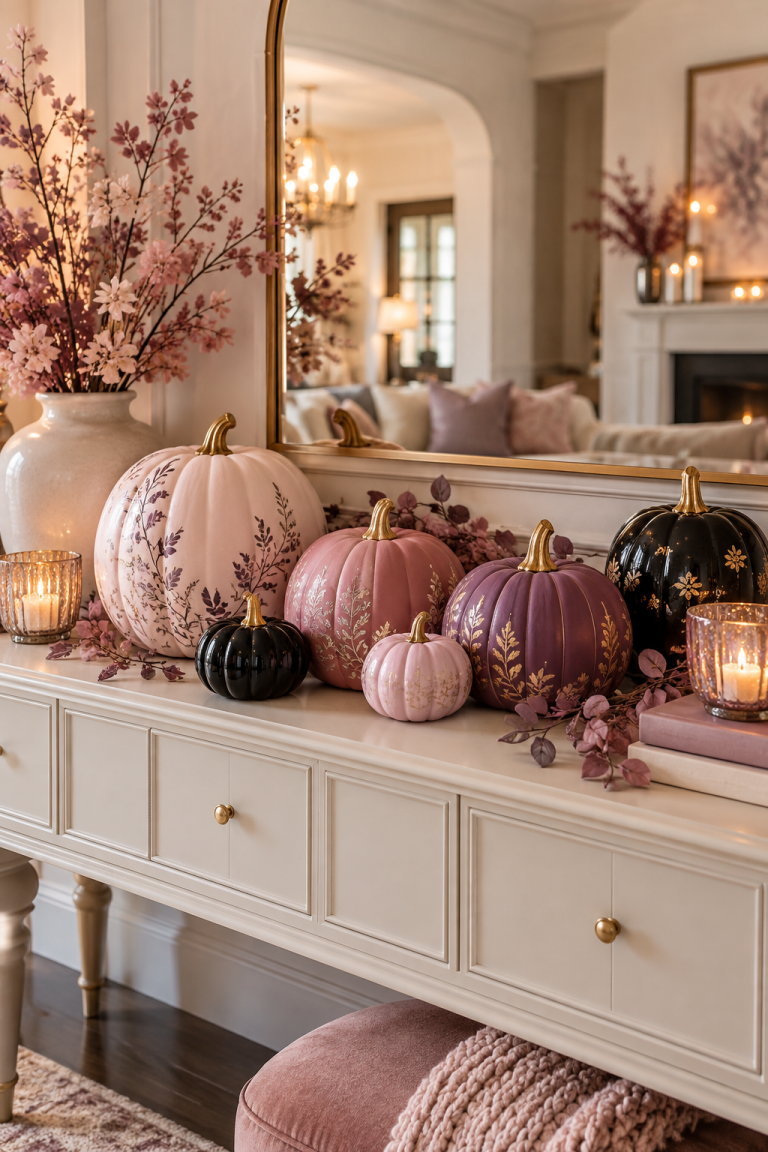 Paint Pumpkins in Tonal Pink Shades styled as pink Halloween decor ideas