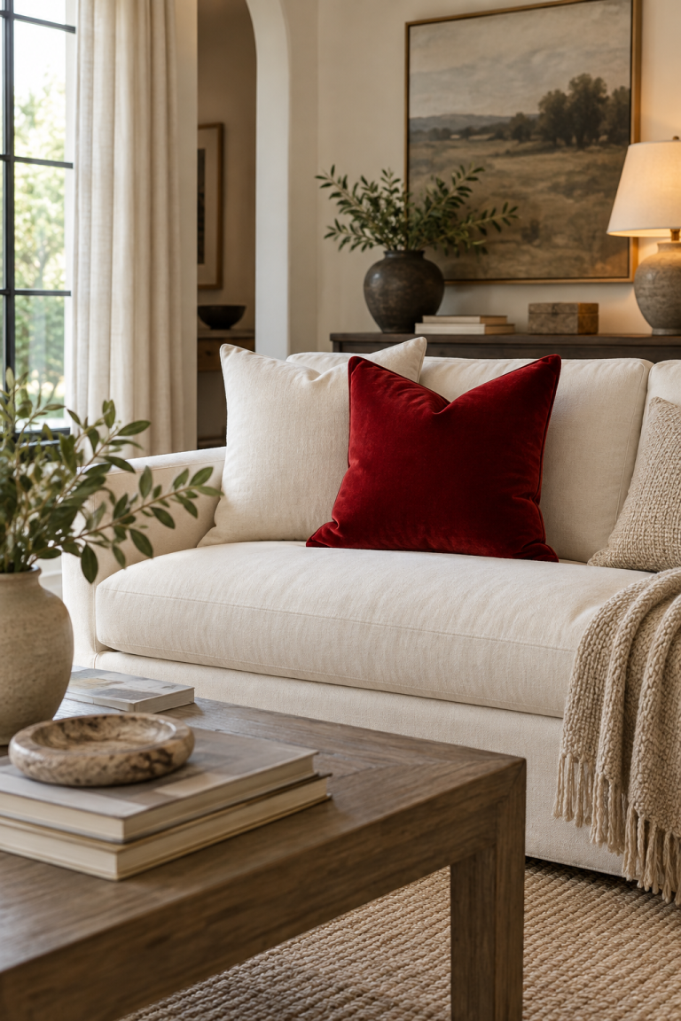 Anchor the Sofa with One Red Statement Pillow