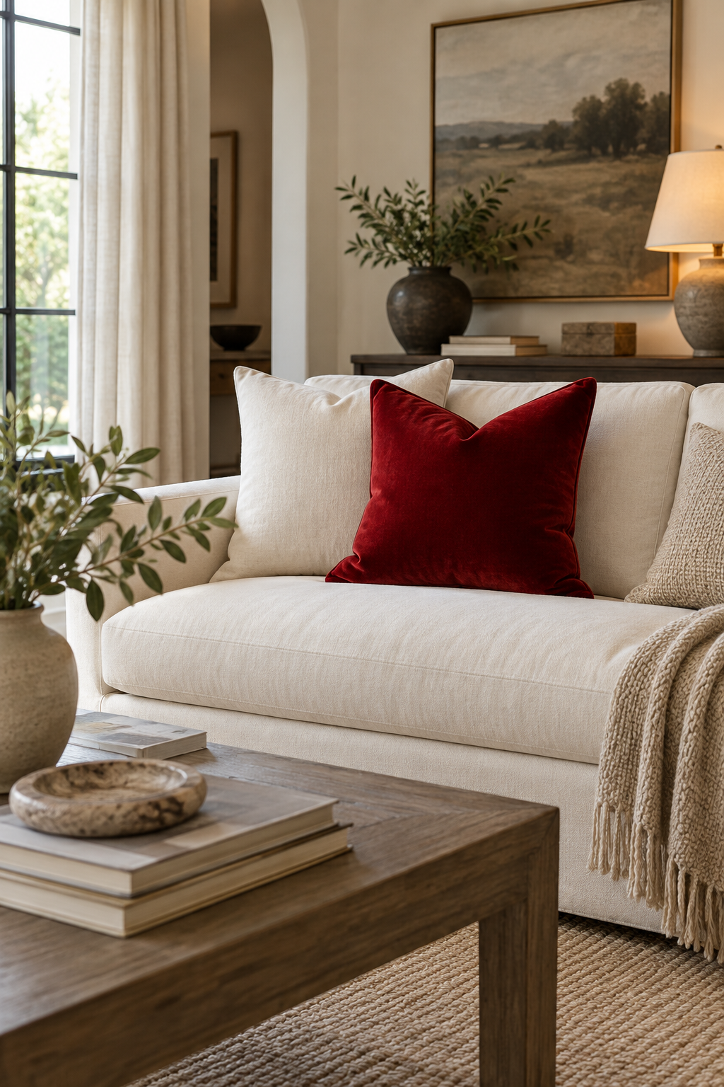 Anchor the Sofa with One Red Statement Pillow