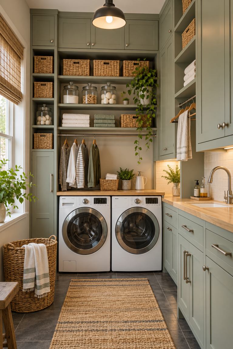 Build Storage All the Way to the Ceiling in a compact organized laundry room