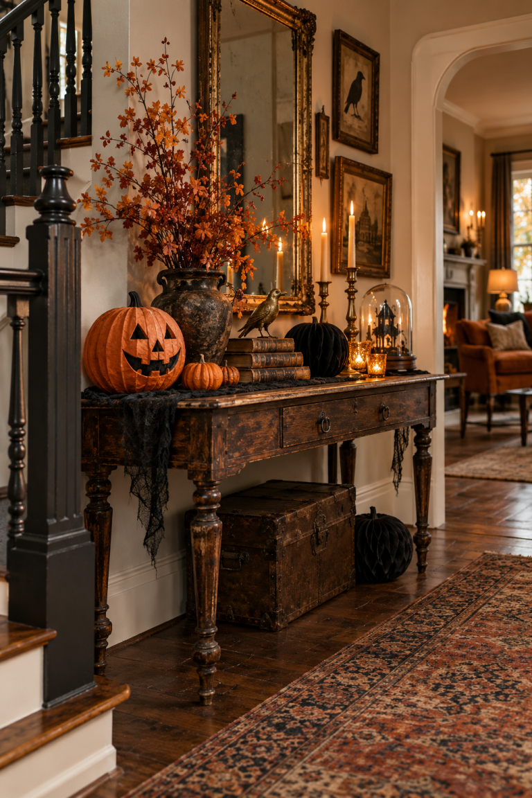 Style an Antique Entry Table styled as vintage Halloween decor ideas
