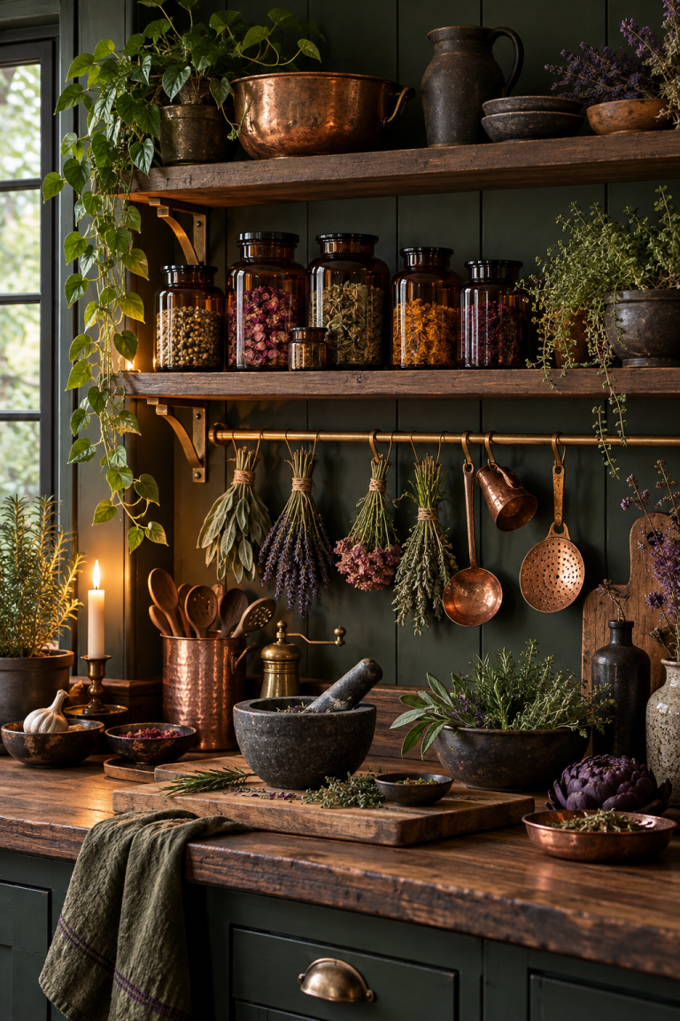 Create an Herbalist’s Open Shelf styled as witchy kitchen decor ideas