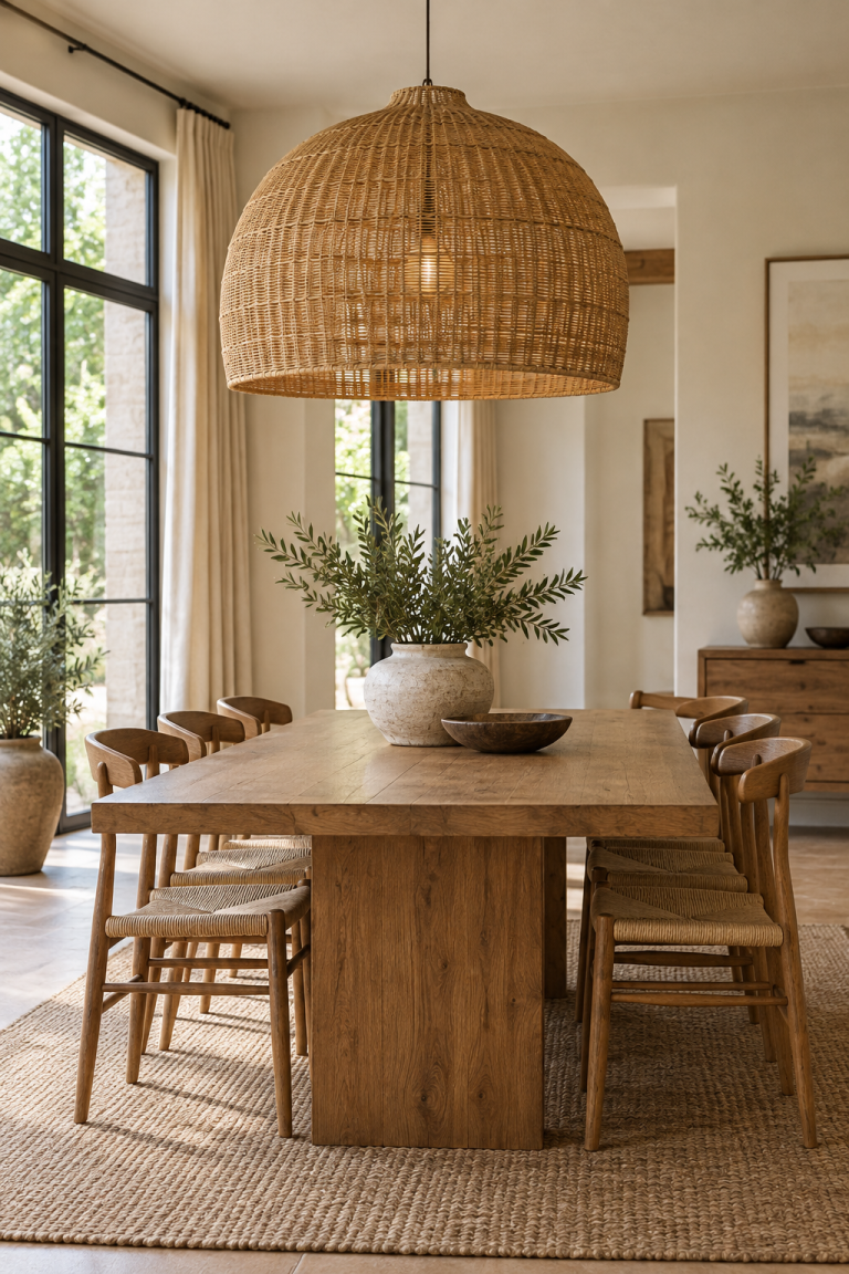 Center an Oversized Rattan Pendant above the Dining Table