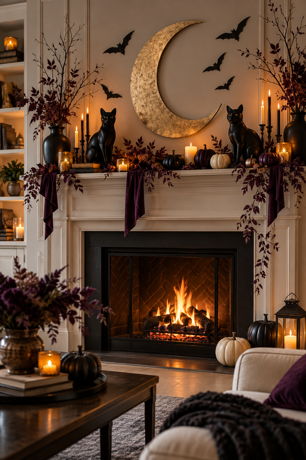 Style a Moon-and-Cat Mantel styled as black cat Halloween decor ideas