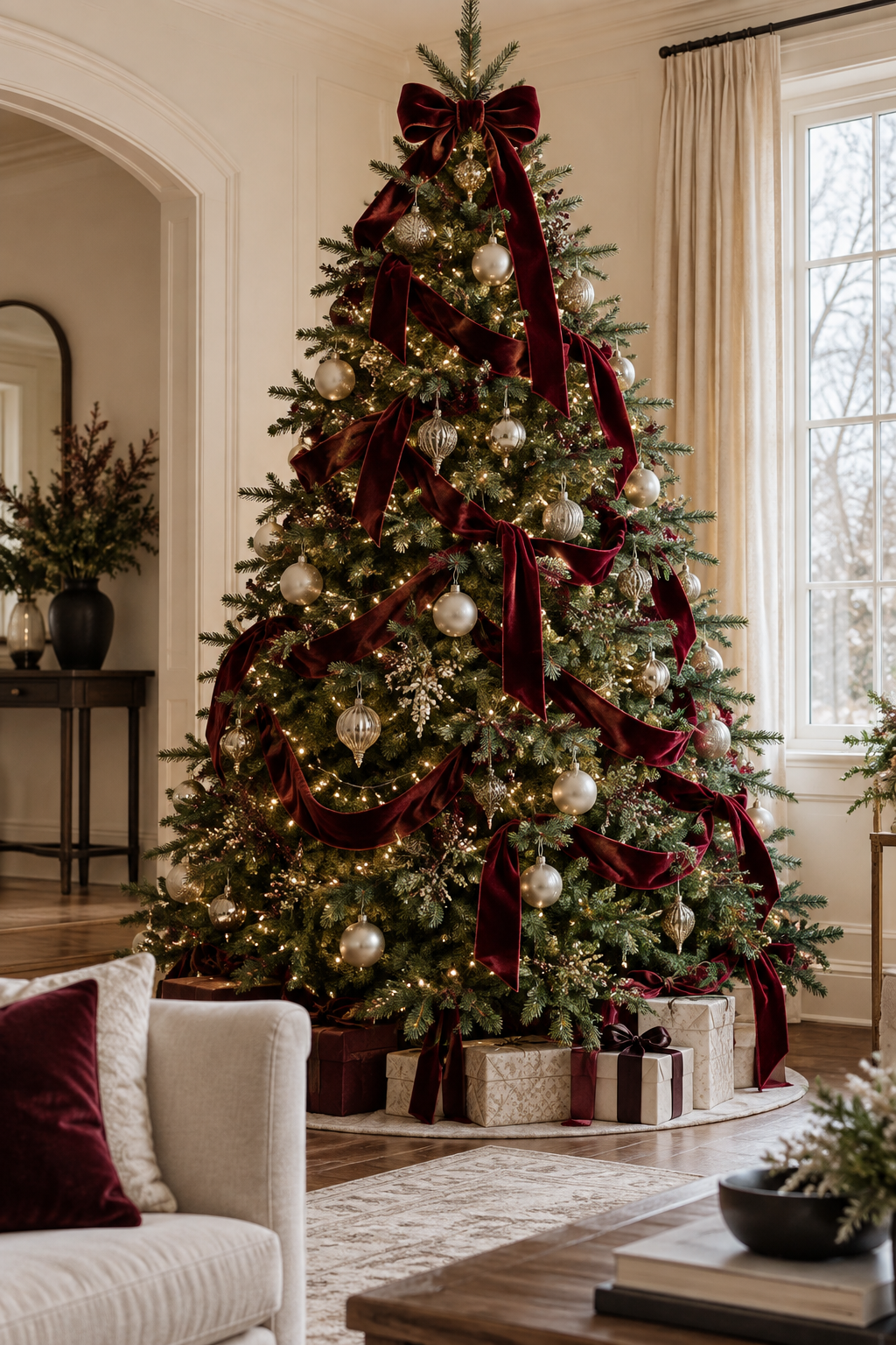 Elegant Christmas tree decorated with burgundy velvet ribbon and warm white lights