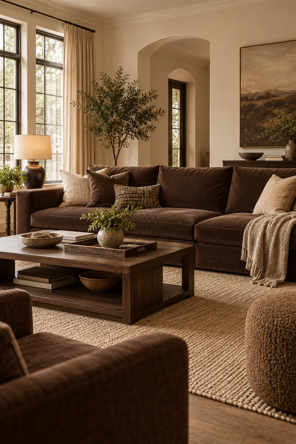 Pair Brown Upholstery with Cream Walls