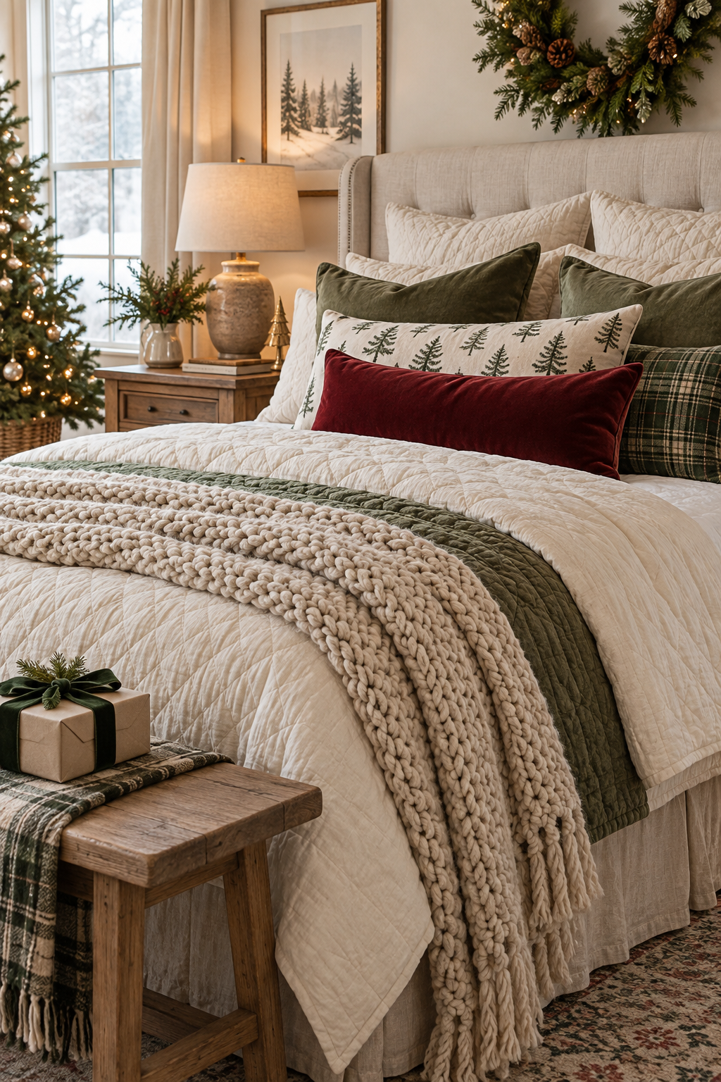Christmas bed layered with cream linen, knit blankets and restrained festive accents