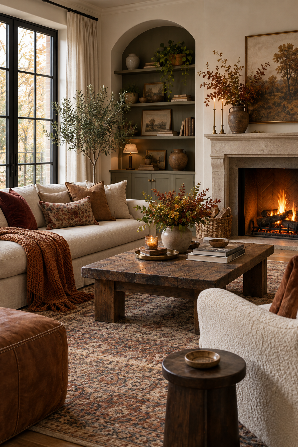 Neutral sofa with rust and ochre pillows