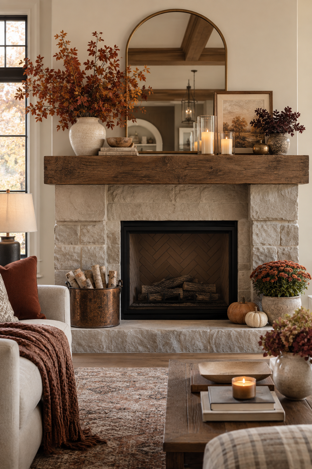 Warm neutral fall mantel palette