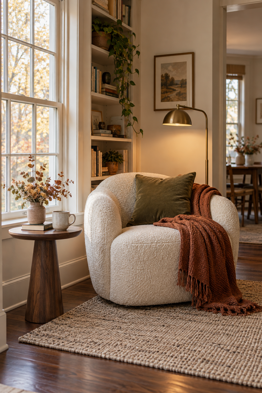 Warm neutral autumn reading nook palette