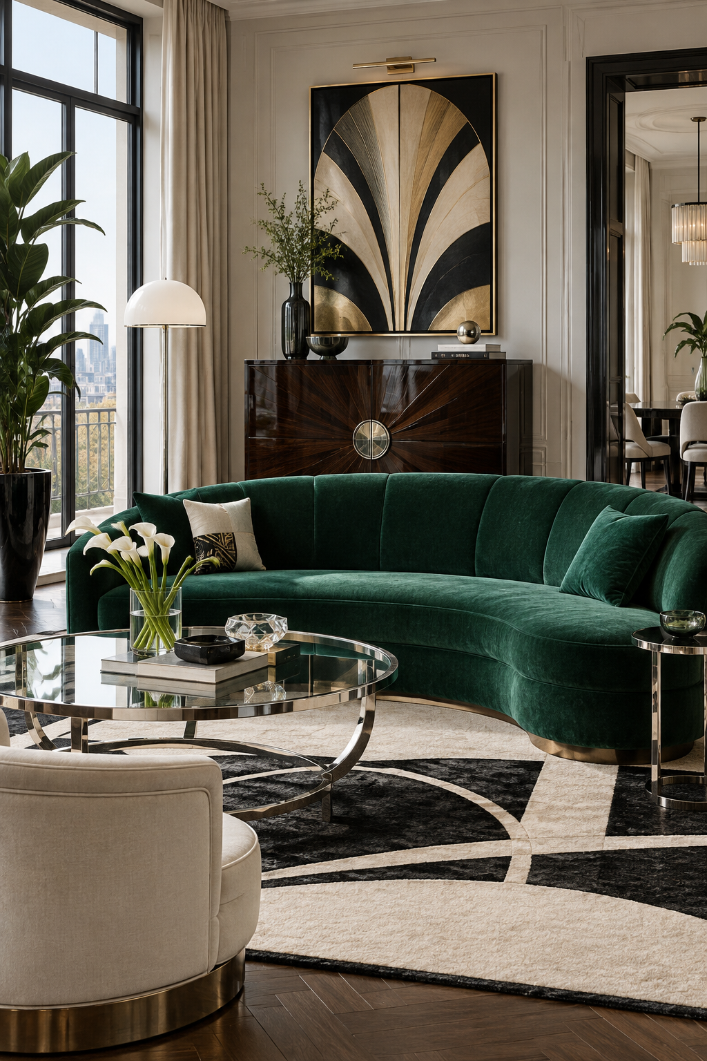 Emerald velvet Neo Deco living room with a geometric black and cream rug